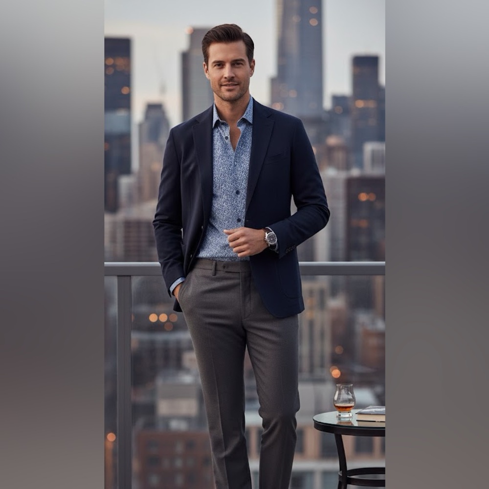 ✅Jared Lang Blue Patterned Button-Up cotton print Shirt
